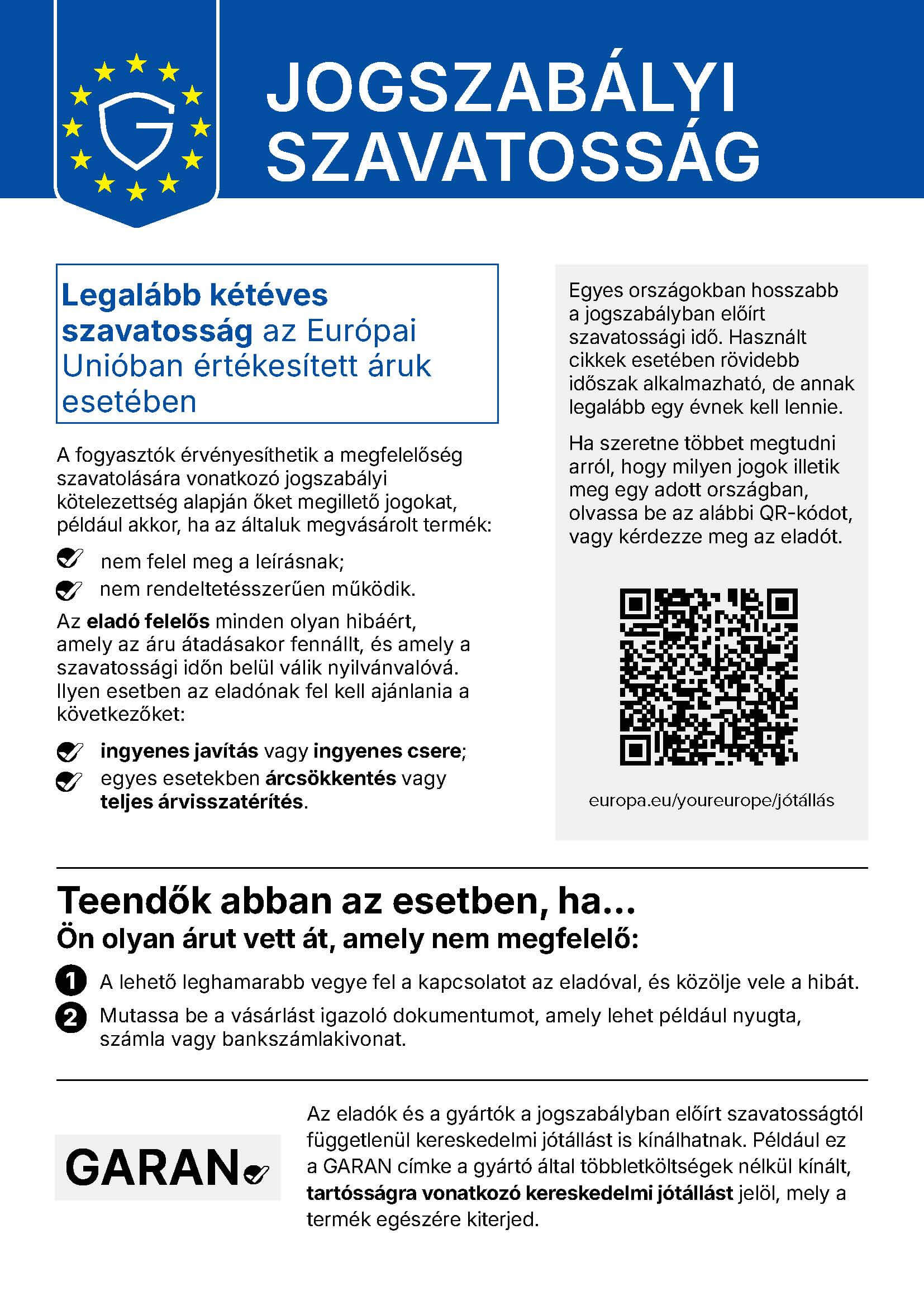 Harmonizált tájékoztató a jogszabályi megfelelőségi szavatosságról